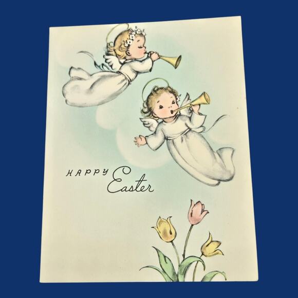 Marjorie Cooper Easter Two Cherub Angels Play Trumpets Vintage Rust Craft Card - Picture 2 of 9